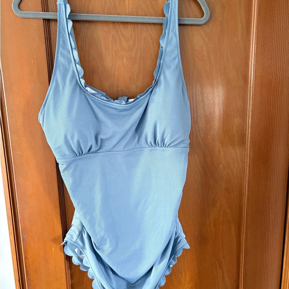 Maternity Light Blue One-Piece Swimsuit with Scallop Trim